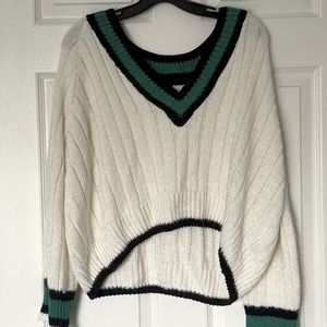 TOPSHOP White Cropped V-neck Varsity Tennis Style Cropped Sweater